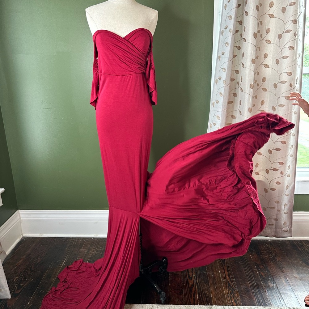 Burgundy Maternity Maxi Dress w/ Train